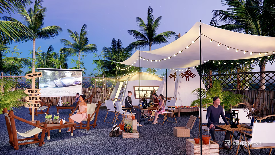 Relaxing Evening Camping Site With Palm Trees Tent Outdoor Seating String Lights And Large Screen 3d model 