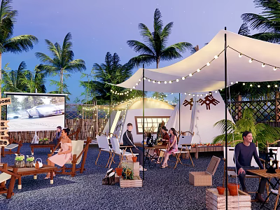 Relaxing Evening Camping Site With Palm Trees Tent Outdoor Seating String Lights And Large Screen 3d model