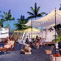 Relaxing Evening Camping Site With Palm Trees Tent Outdoor Seating String Lights And Large Screen