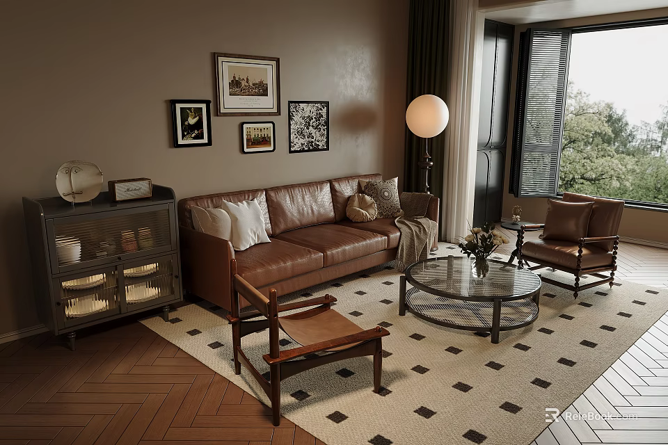 Modern Elegant Living Room Interior With Brown Leather Sofa Armchair Glass Coffee Table Decorative Paintings 3d model 