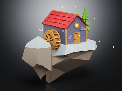 Low Poly Floating Cottage With Red Roof Purple Walls Water Wheel And Green Tree 3d model