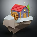 Low Poly Floating Cottage With Red Roof Purple Walls Water Wheel And Green Tree