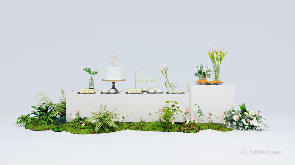 Elegant Tea Break Area With Natural Greenery Fresh Flowers And Pastry Display Setup 3d model 