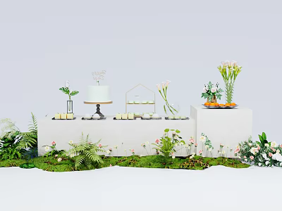 Elegant Tea Break Area With Natural Greenery Fresh Flowers And Pastry Display Setup 3d model