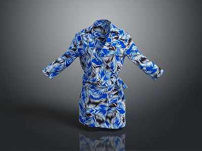 Blue Leaf Patterned Robe with Long Sleeves and Belt for Casual Comfort 3d model
