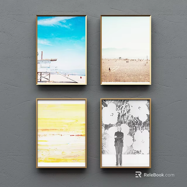 Four Abstract Paintings With Golden Frames Displayed On Grey Wall Interior Decor 3d model