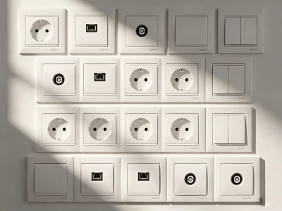 White Switch Panels With Various Sockets And Switches Arranged On Wall 3d model