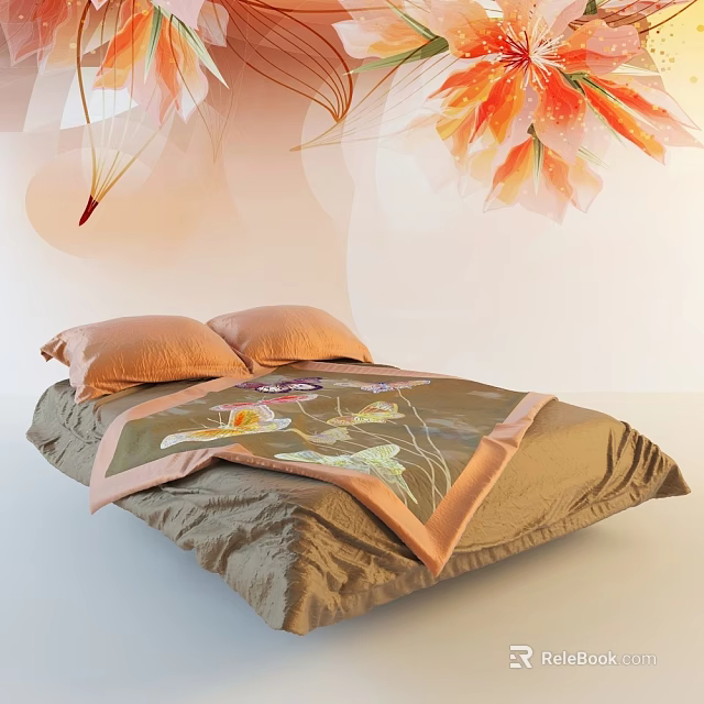 Stylish Double Bed With Orange Pillows Green Floral Bedspread And Wall Flower Decor 3d model 