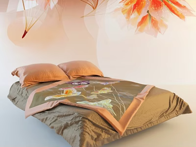 Stylish Double Bed With Orange Pillows Green Floral Bedspread And Wall Flower Decor 3d model
