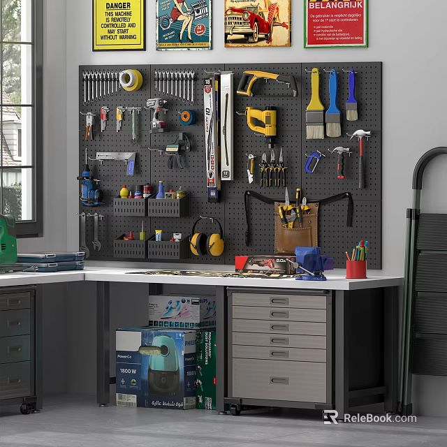 Pegboard Tool Organizer For Garage Workshop With Hammers Screwdrivers Brushes Drill And Gloves 3d model