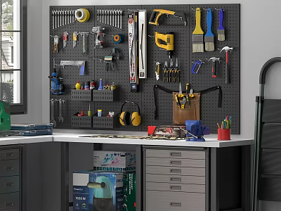 Pegboard Tool Organizer For Garage Workshop With Hammers Screwdrivers Brushes Drill And Gloves 3d model