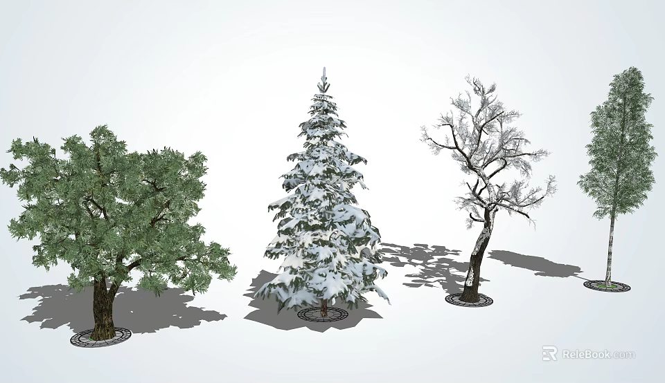 Green Leafy Snow Covered Pine and Bare Branched Arbor Trees in Landscape 3d model