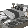 Double Bed with Gray and Black Bedding Bedside Tables Table Lamps and Bench 3d model