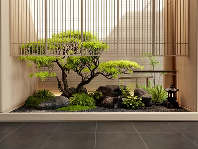 Japanese Style Indoor Landscape With Pine Tree Rocks Moss Bamboo Screen And Stone Lantern 3d model