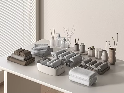 Soft Absorbent Towels in Neutral Tones Displayed on Table with Storage Containers and Bathroom Accessories 3d model