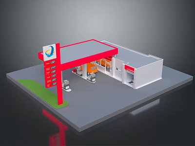 Gas Station Building Featuring Red Roof Fuel Pumps Convenience Store and Signboard 3d model