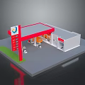 Gas Station Building Featuring Red Roof Fuel Pumps Convenience Store and Signboard