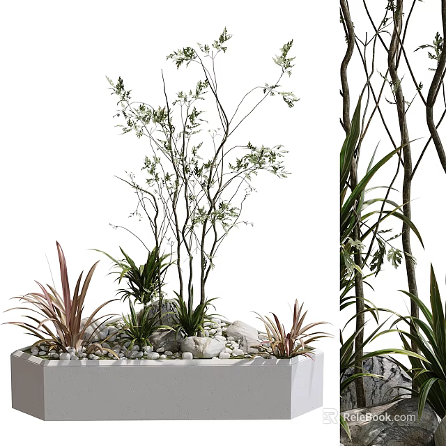 Indoor Decorative Plant Display With Octagonal Container Green Red Foliage Natural Branches And Pebbles 3d model 