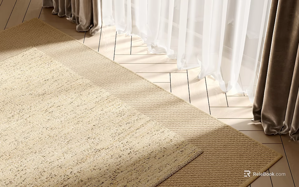 Light Colored Square Rug in Living Room With Curtains 3d model 