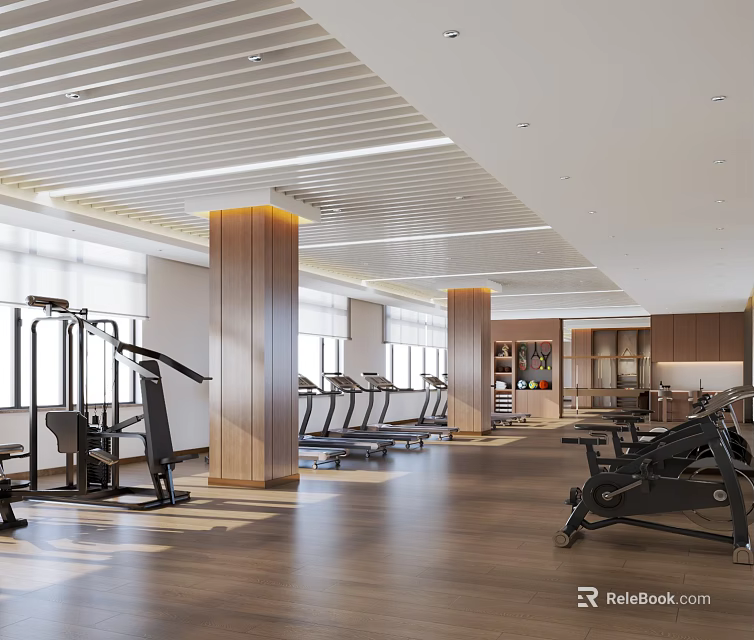 Spacious Modern Fitness Gym Interior With Workout Equipment Wooden Flooring And Large Windows 3d model 