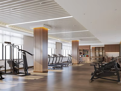 Spacious Modern Fitness Gym Interior With Workout Equipment Wooden Flooring And Large Windows 3d model