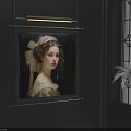 Classical Female Portrait Oil Painting On Black Wall With Wrought Iron Grille And Plant