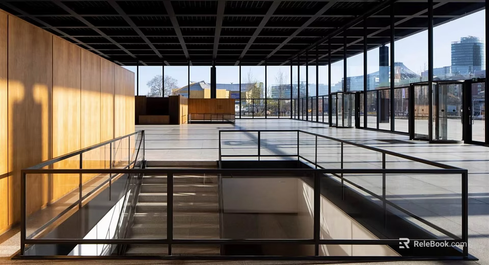 Modern Exhibition Hall Interior Design With Grid Ceiling Glass Windows Wooden Walls And Staircase 3d model 