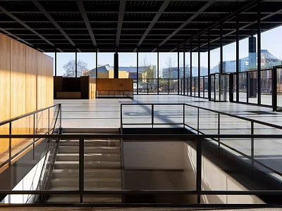 Modern Exhibition Hall Interior Design With Grid Ceiling Glass Windows Wooden Walls And Staircase 3d model