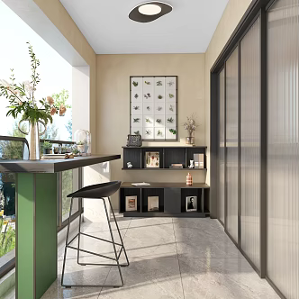 Modern Balcony Home Balcony Cabinet Side Cabinet Bar Counter Bar Chair Plant Potted Books Ceiling Lamp 3d model