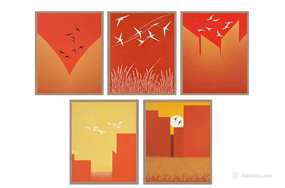 Abstract Paintings In Warm Hues With Birds Grass And City Motifs 3d model 