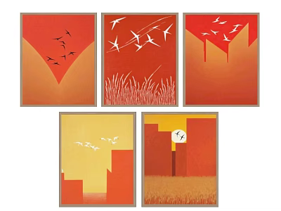 Abstract Paintings In Warm Hues With Birds Grass And City Motifs 3d model