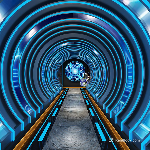 Elevator Corridor With Blue Neon Tunnel Design And Glowing Central Installation 3d model