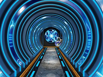 Elevator Corridor With Blue Neon Tunnel Design And Glowing Central Installation 3d model