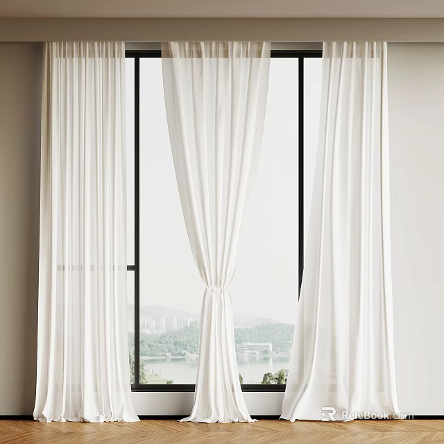 Elegant White Sheer Curtains For Window With Light Filtering And Scenic View 3d model 