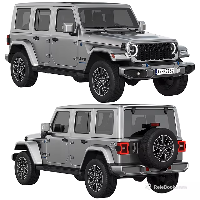 Silver Jeep Wrangler 4xe Four Door Electric SUV With Rear Spare Tire Exterior Design 3d model 