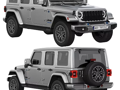 Silver Jeep Wrangler 4xe Four Door Electric SUV With Rear Spare Tire Exterior Design 3d model