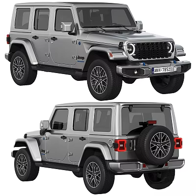 Silver Jeep Wrangler 4xe Four Door Electric SUV With Rear Spare Tire Exterior Design 3d model