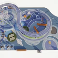Colorful Children's Play Area With Slide Climbing Structure Seating Bench And Ocean Wave Design