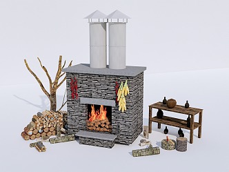 Modern Outdoor Country Fireplace Brick Stove Bonfire Stove Wood Pile 3d model