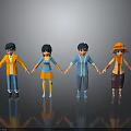 Four Cartoon Characters Standing Together Holding Hands With Gray Background And Ground Reflections