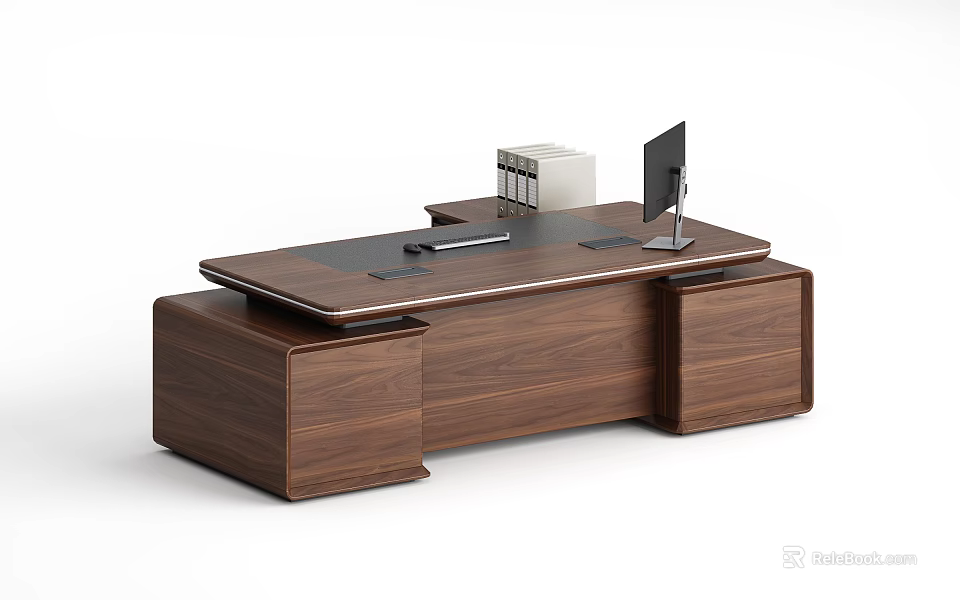 Wooden Office Desk With Walnut Finish Desktop Monitor And Books Complemented By Side Cabinets 3d model 