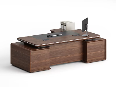 Wooden Office Desk With Walnut Finish Desktop Monitor And Books Complemented By Side Cabinets 3d model