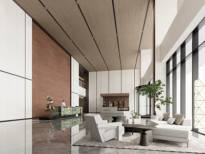 Modern Hotel Lobby Interior Design With Reception Desk Sofa Green Plant And Large Windows 3d model