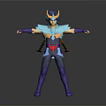 Animated Warrior Character In Blue Purple Outfit With Yellow Accents And Arms Outstretched