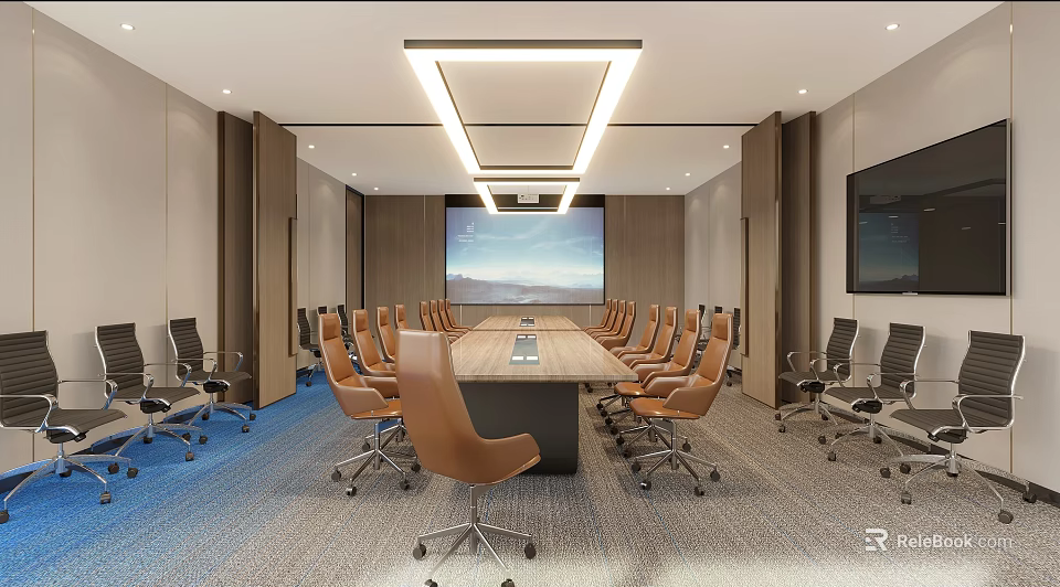 Modern Conference Room With Long Table Leather Chairs And Large Projection Screen 3d model 