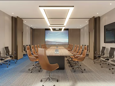 Modern Conference Room With Long Table Leather Chairs And Large Projection Screen 3d model