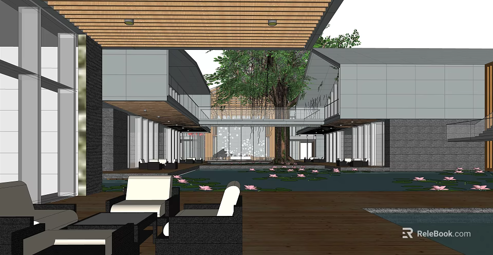 Modern Hotel Building With Wooden Ceiling Central Large Tree And Courtyard Water Pool 3d model 