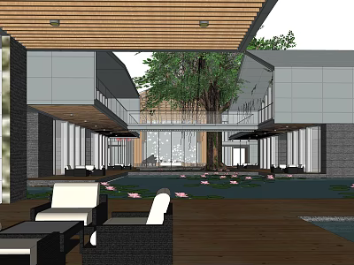 Modern Hotel Building With Wooden Ceiling Central Large Tree And Courtyard Water Pool 3d model