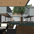 Modern Hotel Building With Wooden Ceiling Central Large Tree And Courtyard Water Pool