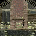 Traditional Building Interior Featuring Brick Fireplace And Wooden Shelves With Stone Elements